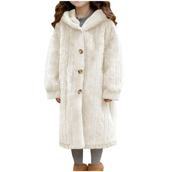 NAISIBABY Girls Winter Overcoat (5-16T), Fashion Loose Buttons Hooded Warm Lined Long Length Faux Fur Coat Beige 14T