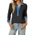 thumbnail image 2 of KDDYLITQ Womens Denim Collar Sweater Button Up Denim Patchwork Sweatshirts Color Block Denim Collar Cuffs Top 2025 Fashion Pullover Black L, 2 of 4