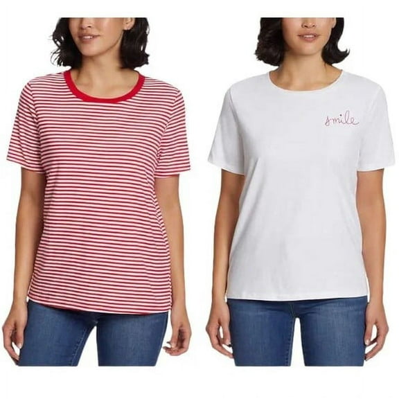 Ella Moss Women’s 100% Cotton Embroidered Crewneck Short Sleeve Tee, 2-Pack