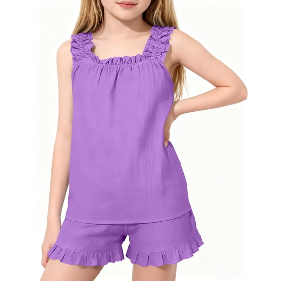 Girls' Summer Solid Color Cute Short Pleated Sleeveless Ruffle Edge Vest&Sleeveless Square Neck Vest Elastic Waist Shorts Set Sizes 5-17