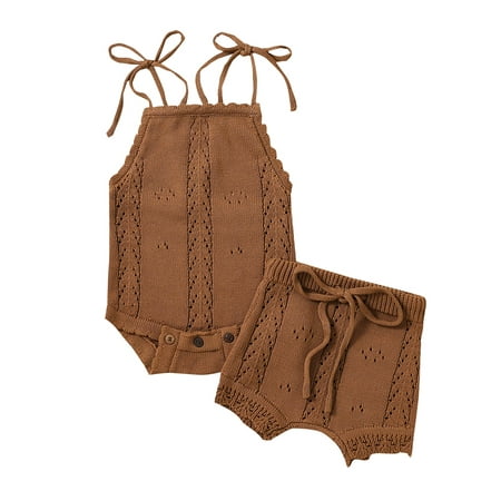 

Baby Girls Boys Summer Outfit Sets Sleeveless Sling Romper + Solid Color Drawstring Shorts