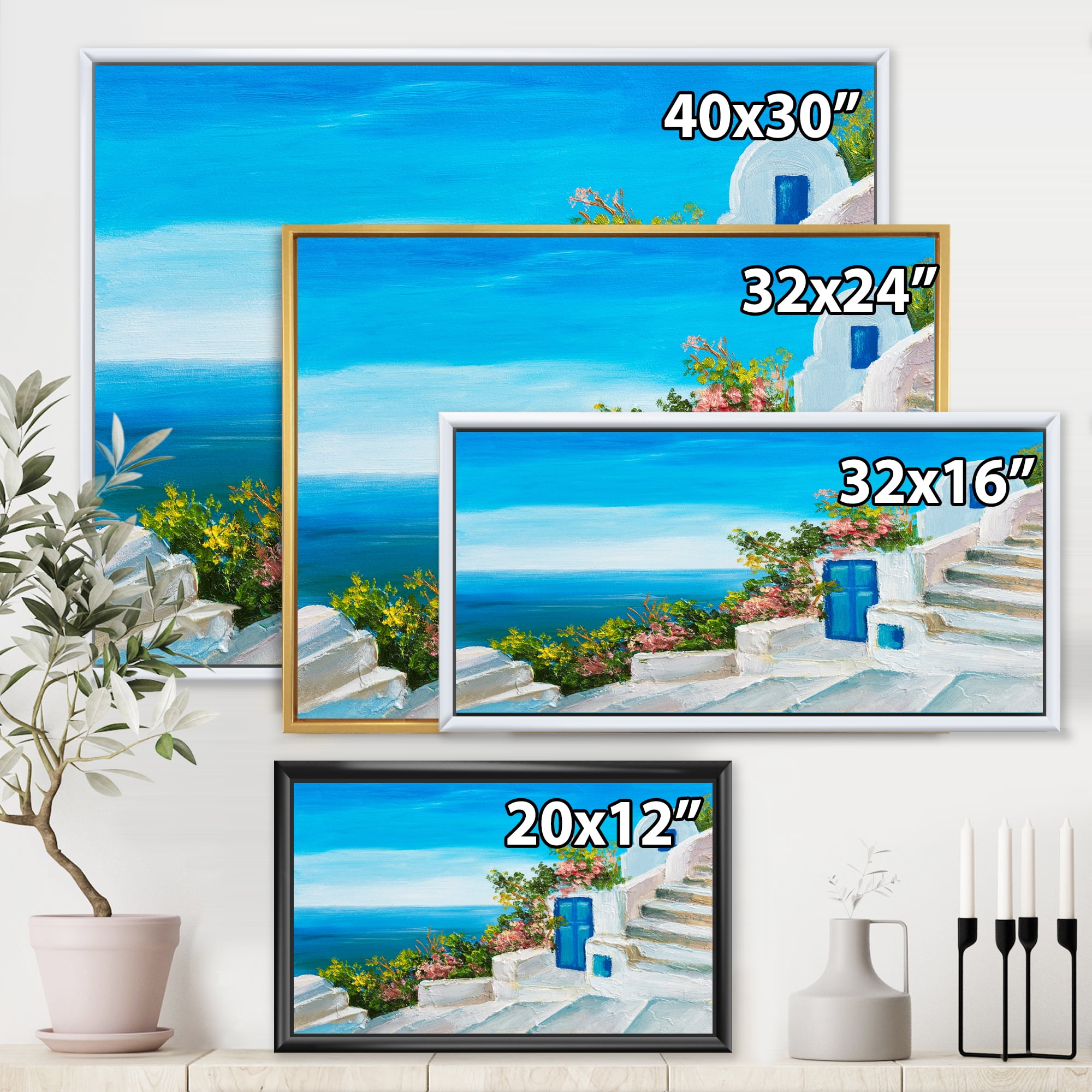 Designart 'House With Colorful Flowers Near The Sea IV' Nautical & Coastal Framed Canvas Wall Art Print