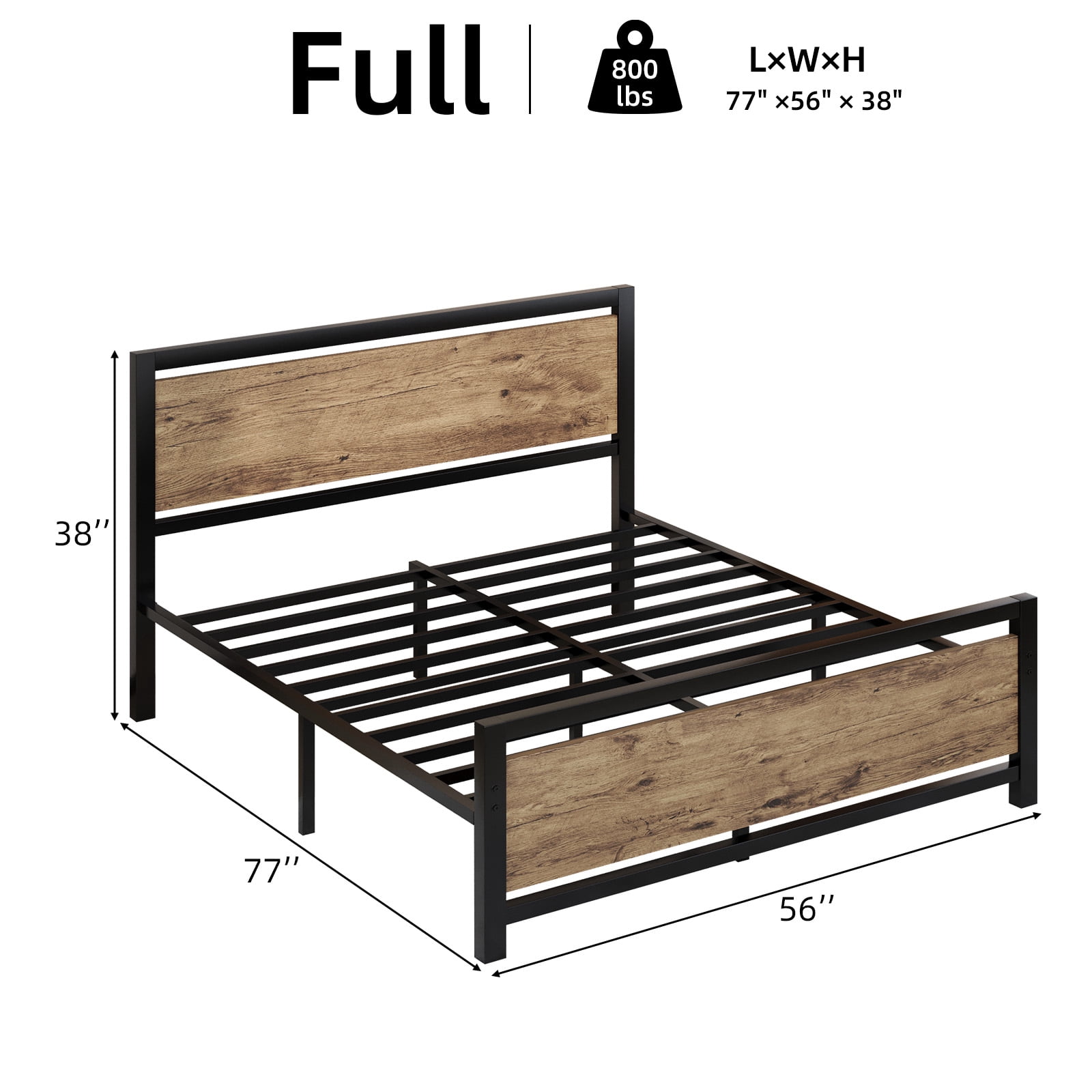 4 EVER WINNER Full Bed Frame with Headboard, Industrial Style Bed Frame Full Size, Full Size Bed Frame with Wooden Footboard, No Box Spring Needed, Noise-Free, Easy Assembly, Brown