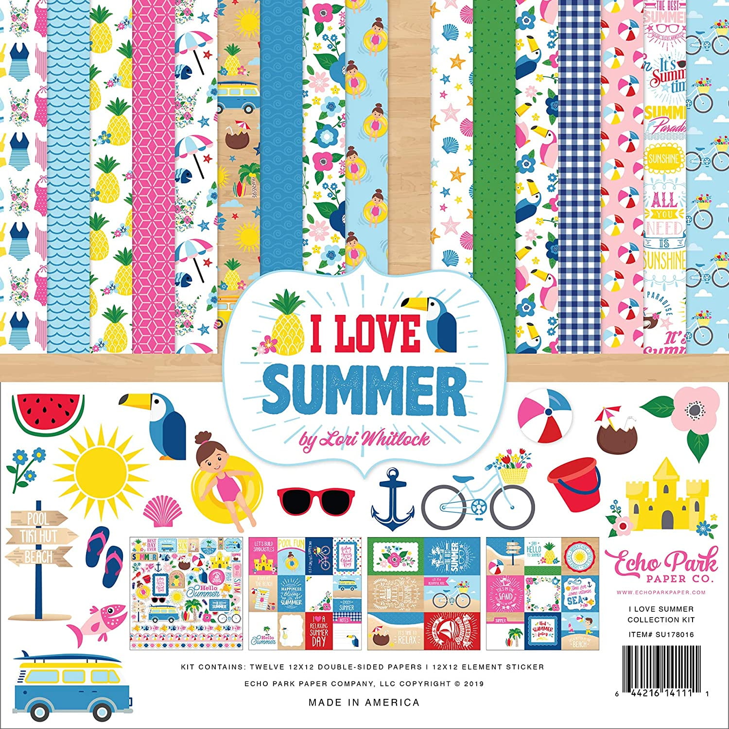 Green,Yellow Red Teal Blue ECHO PARK PAPER COMPANY I Love SUMMR COLL 12X12 KIT Pink One Size