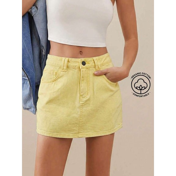 Light Yellow Denim Mini Skirt High Waist A-Line With Front Pockets