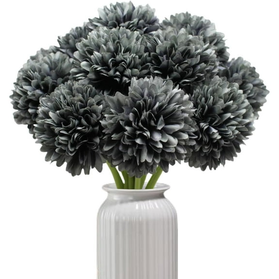 Artificial Silk Faux Chrysanthemum Flower Bouquets, 12 Pcs Artificial Gray Silk Flowers, Faux Mums for Gothic Home Decor, Indoor Floral Arrangement, Halloween Table Centerpiece (12, Dark Gray)