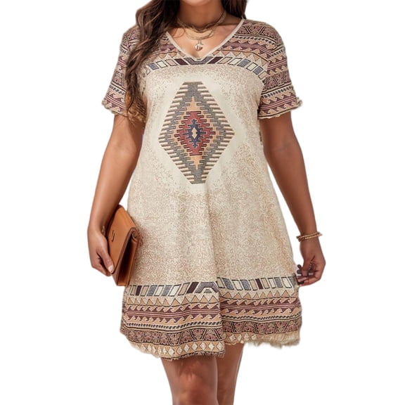 Cuteduck Women’s V-Neck Short Sleeve Casual Midi Dress – Boho Print, Loose Fit Flowy A-Line Sundress – Summer Beach & Everyday 1X-5X