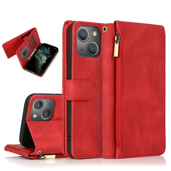 Feishell Wallet Case Fit for iPhone 14 Plus,Drop Protection PU Leather Zipper Pocket Magnetic Clasp Flip Holder ID Credit Card Slots Ultra Thin Phone Cover with Wrist Strap,Red