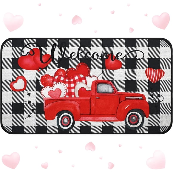 Valentine‘s Day Welcome Mats Buffalo Plaid Doormat Red Heart Welcome Mat Indoor Entrance Cute Decorative Outdoor Doormats Non Slip Outside Door Mat for Valentine‘s Day Rugs, 16 x 28
