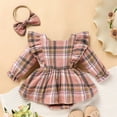 thumbnail image 3 of ZEHJUHAN Newborn Baby Girl Fall Winter Plaid Long Sleeve Buttons Outfit Ruffles Dress&Bow Headband, Pink 12-18 Months, 3 of 8