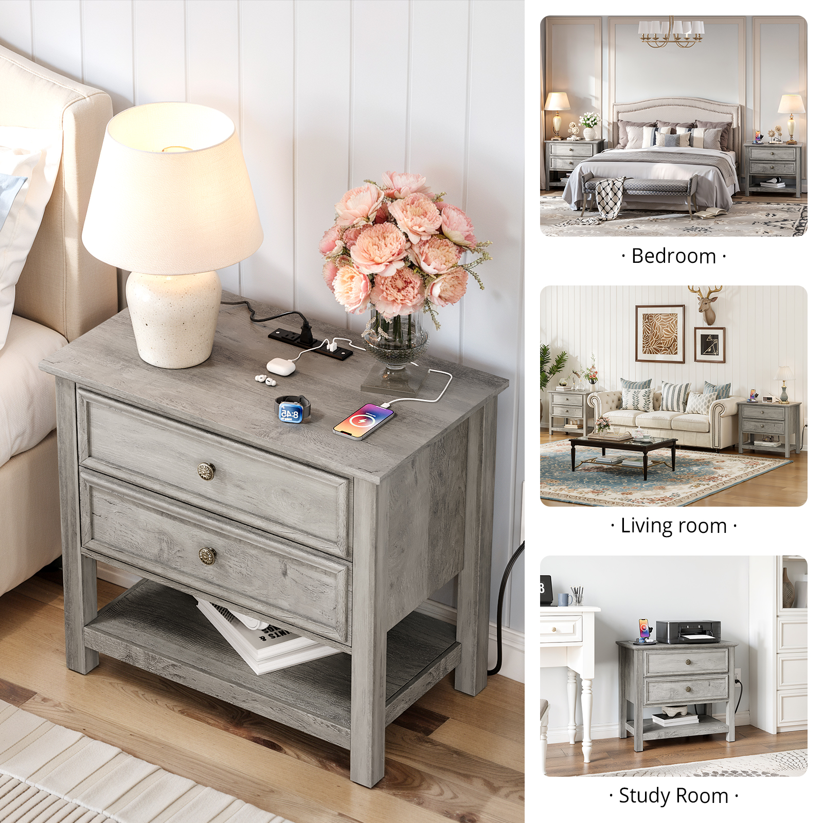 Holliwill 26.7" Wide Nightstand with Charging Station, Farmhouse Nightstands with 2 Drawers and Open Storage, End Table Bedside Table for Bedroom Living Room, Gray