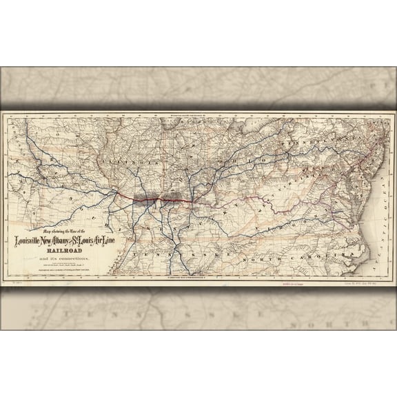 24"x36" Gallery Poster, Map Louisville New Albany St. Louis Railroad 1872