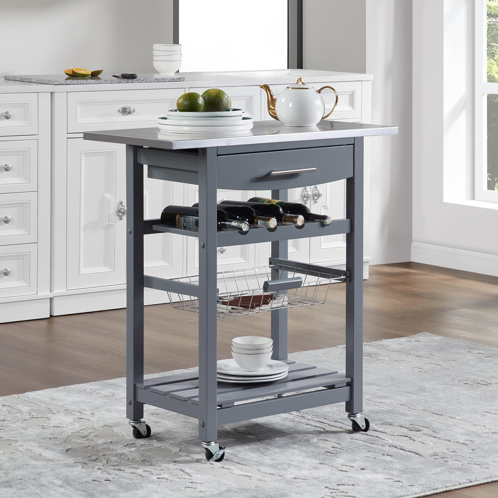 Rolling Kitchen Island Serving Cart with Underneath Drawer & Slide-Out Wire Storage Basket