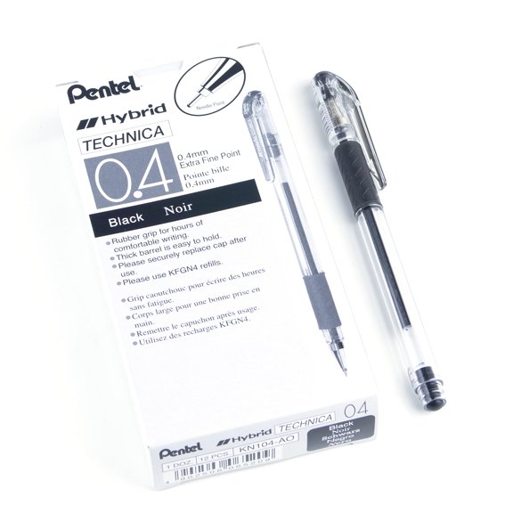 Pentel Arts Hybrid Technica 0.4 mm Pen, Ultra Fine Point, Black Ink, Box of 12 (KN104-A)