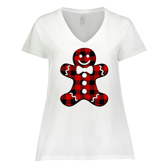 Inktastic Buffalo Plaid Gingerbread Man Women's Plus Size V-Neck T-Shirt