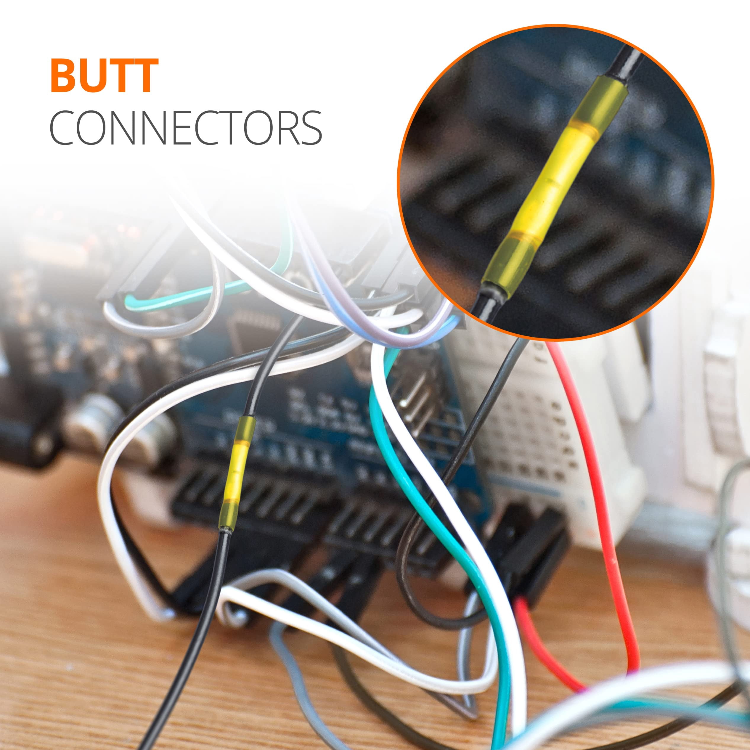 Wirefy 150 PCS Heat Shrink Butt Connectors Yellow 26-24 AWG - Smaller Diameter Marine Grade Butt Connectors - Wire Butt Splice Connectors - Electrical Waterproof Heat Shrink Butts