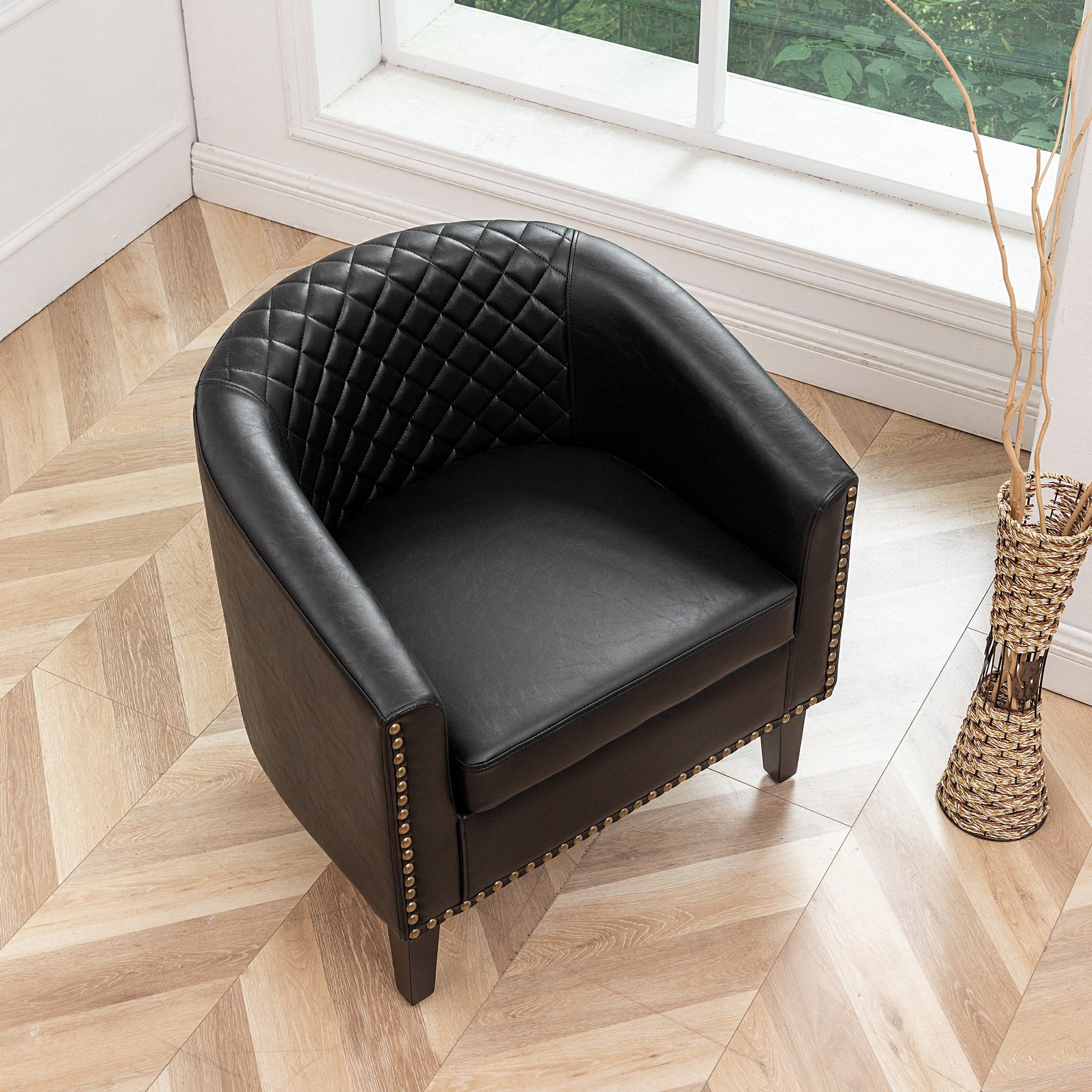 29" W Modern Faux Vegan Leather Barrel Chair, PU Upholstered Tufted Accent Club Chairs with Nailhead Trim, Small Armchair for Living Room Bedroom Apartment Lounge Nursery, Black