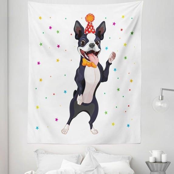 Boston Terrier Tapestry, Party Puppy Celebrating His Birthday on Colorful Stary Background, Fabric Wall Hanging Decor for Bedroom Living Room Dorm, 5 Sizes, Multicolor, by Ambesonne