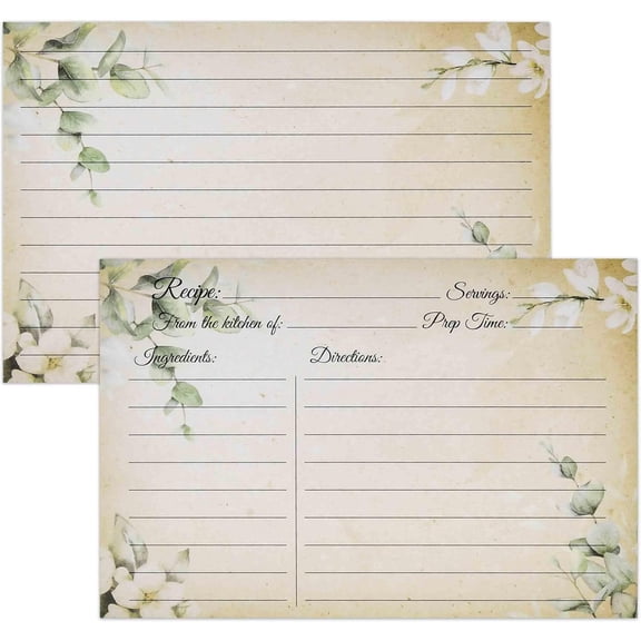 Gift Boutique Eucalyptus Floral Recipe Cards, Double-Sided Thick Cardstock Blank Recipe Index Cards, 4 x 6 Inch, 60 Pack for Recipe Box & Cookbook
