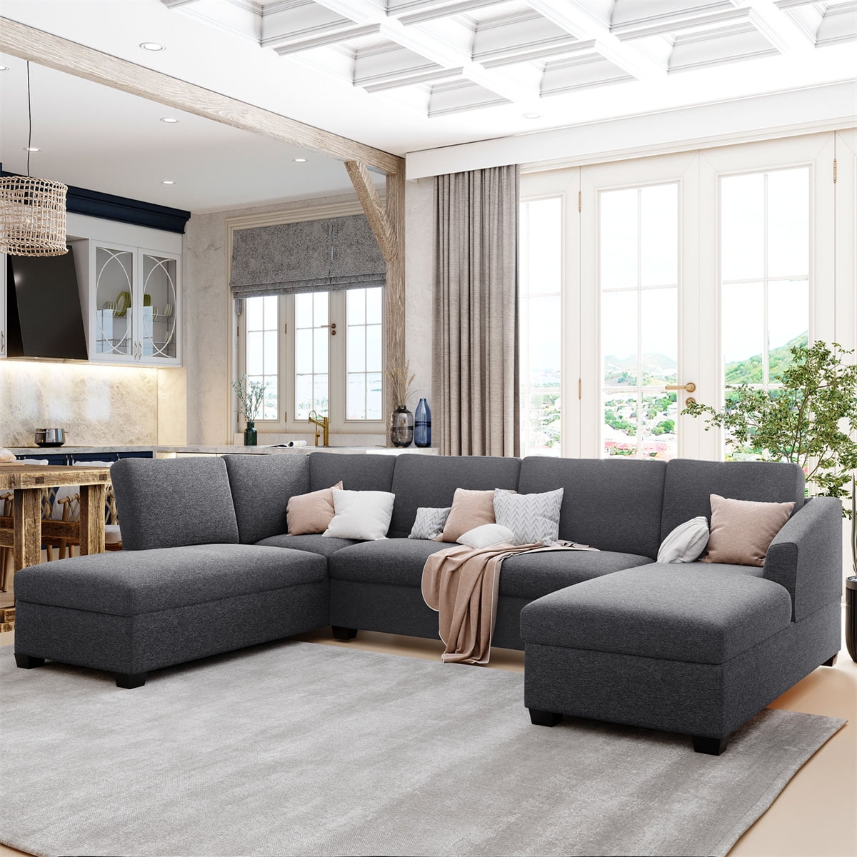 Modern Large UShape Sofa with Armrest for Famliy, Convertible