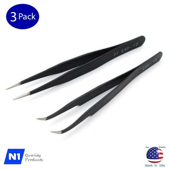 Tweezers for Eyelash Extensions, Straight and Curved Tip Tweezers Nippers Set of 2, 4, 6 (3 Pack), New