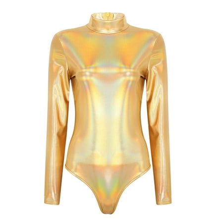 Aayomet OnePiece Jumpsuits For Women Women Yoga Jumpsuits Shiny Metallic Leather Neck Long Sleeve Leotard Bodysuit Gold M