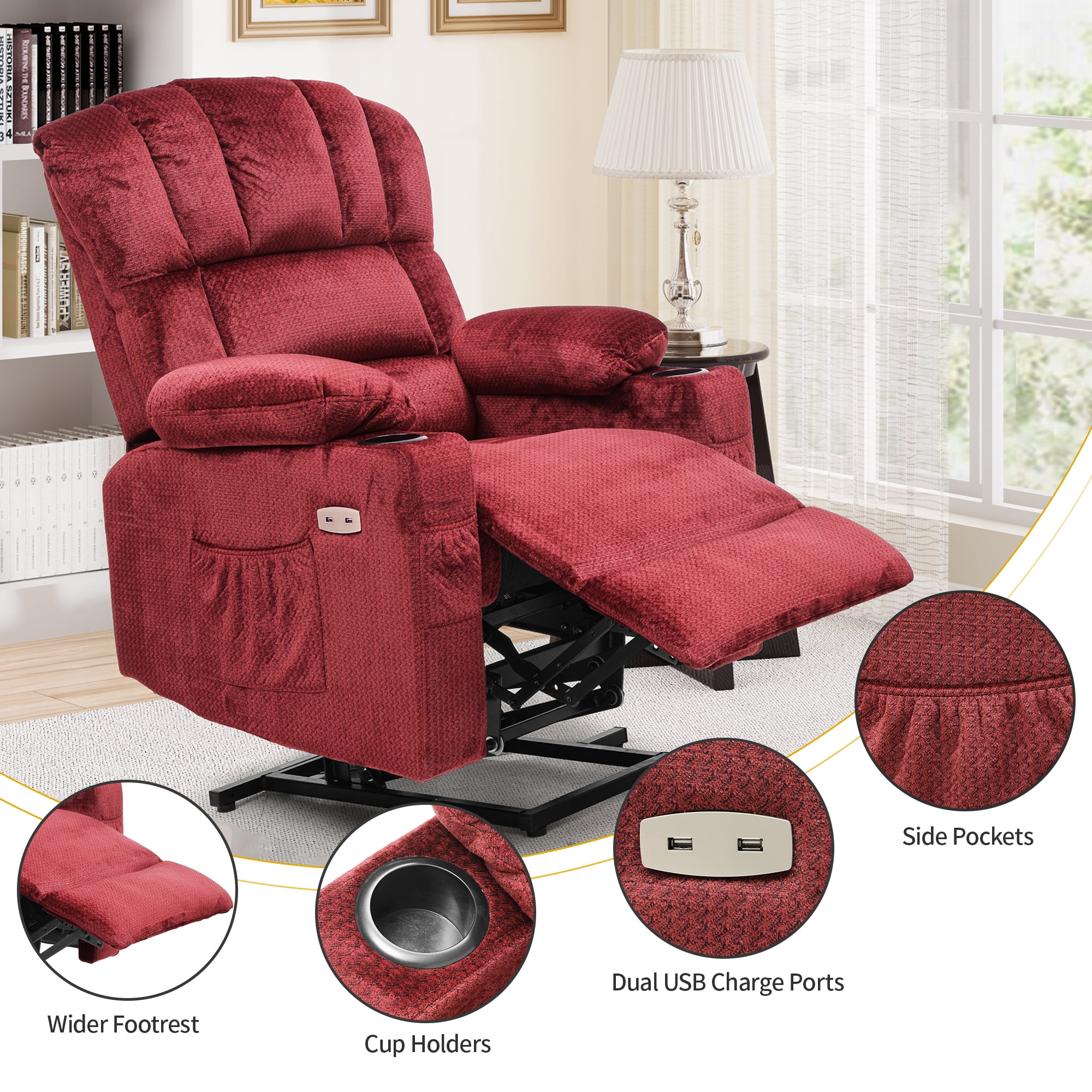 Dextrus Power Lift Recliners Chair for Elderly with Heat and Massage Electric Recliner Chair for Living Room, 2 Cup Holders, Front and Side Pockets, Remote Control - Red