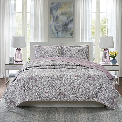 Comfort Spaces Kashmir Hypoallergenic All Season Lightweight Filling Paisley Print Girls 5 Piece Quilt Coverlet Bedspread Bedding Set Full/Queen Size Plum/Purple