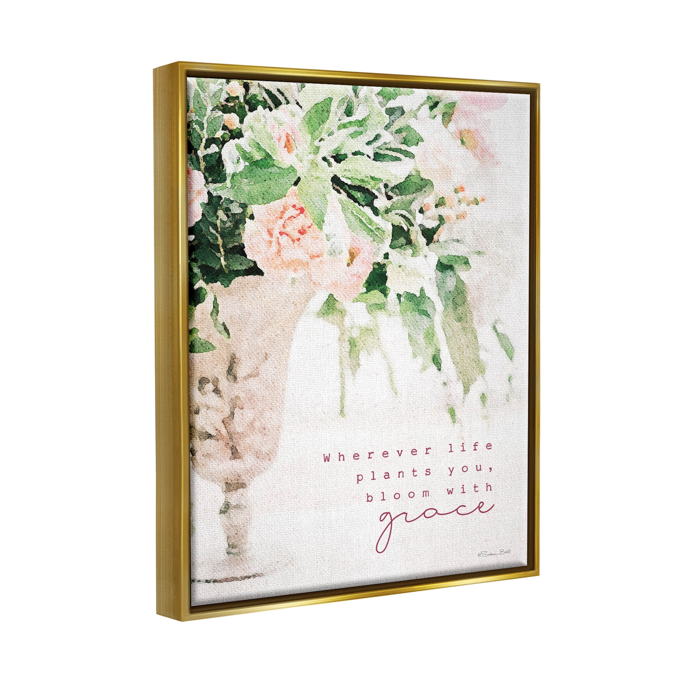 Stupell Industries Bloom With Grace Floral Phrase Graphic Art Metallic Gold Floating Framed Canvas Print Wall Art, Design by Susan Ball
