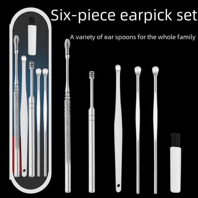 Pala para oídos de acero inoxidable, herramienta para recoger oídos, pala para oídos en espiral de doble cabezal para adultos, juego de 6 piezas