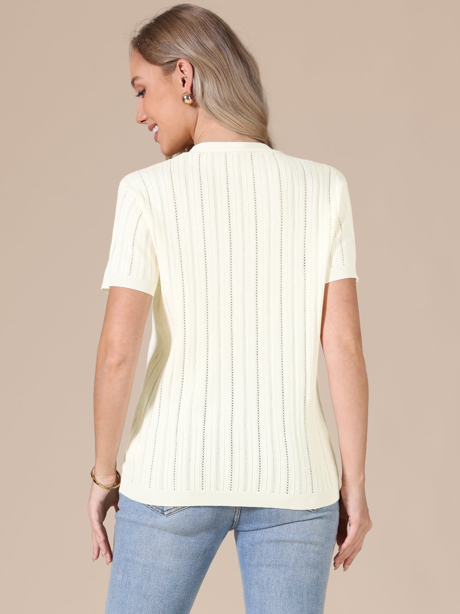 DARING DIVA Women's Eyelet Tops V Neck Short Sleeve Knit Button Down Shirts M Beige