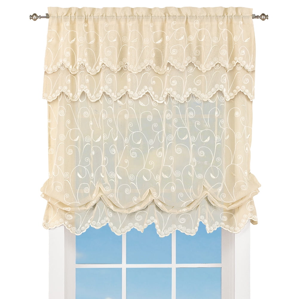 Sheer Balloon Curtain Shade With Scroll Pattern Rod Pocket Top