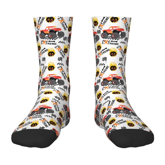Fuzoiu Monster truck Print Kids Socks For Boys Girls,Grip Crew Socks with Non Slip,Lightweight Stretch Crew Socks,Toddlers Crew Boot Socks