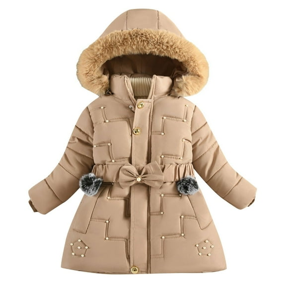 Ruyang Winter Puffer Jackets for Girls Cinched Waist Furry Hooded Dress Parka Coat Pearl Padded Warm Long Zip Up Outwear