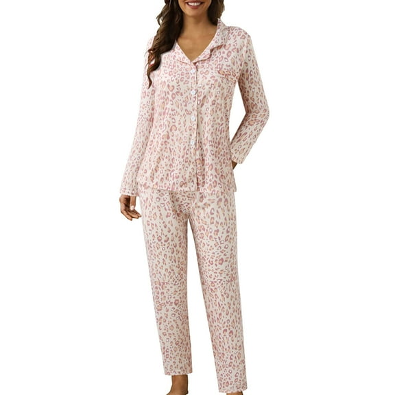 XIYON Womens Pajama Sets Women Casual Lapel Button Leopard Tie Dye Printed 2 Piece Long Sleeve Pajamas Suit Loungewear