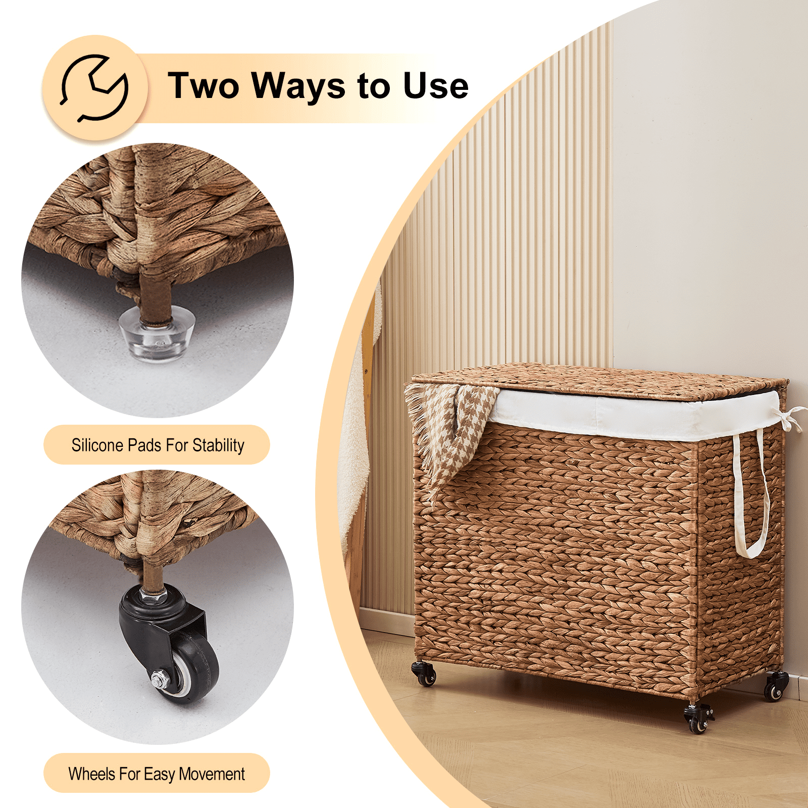 160L 3-Section Laundry Hamper with Lid and Wheels, Woven Natural Water Hyacinth