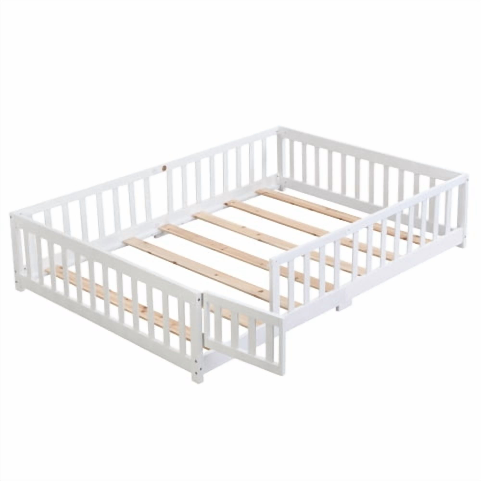 full Size Floor Bed with Door,Solid Wood Platform Bed Frame with Fence,Suitable for children,Pine Wood,White