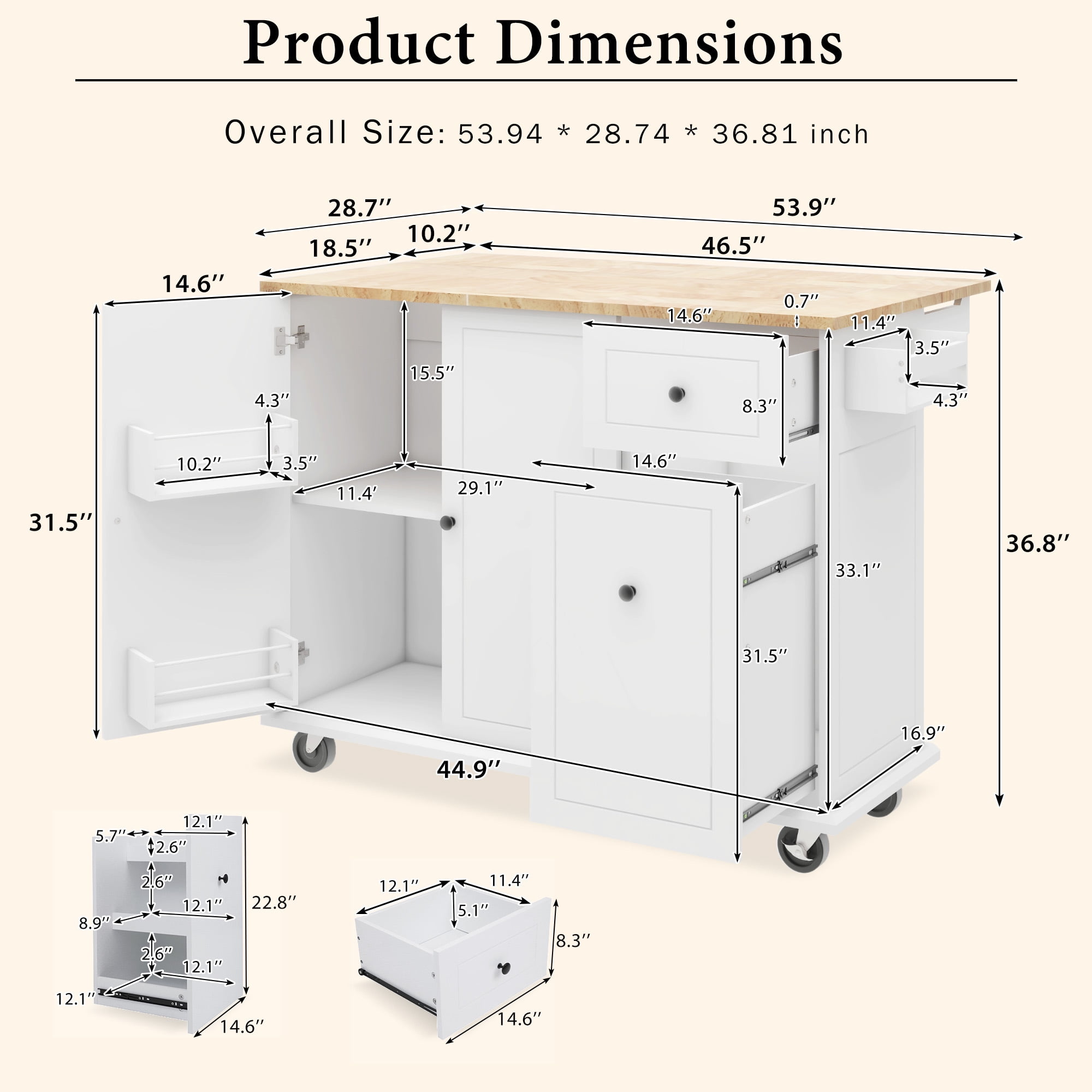 DEALTOPS Kitchen Island with Drop Leaf, 53.9" Rolling Kitchen Cart on Wheels with Storage Rack and Pull Out Cabinet Organizer-White