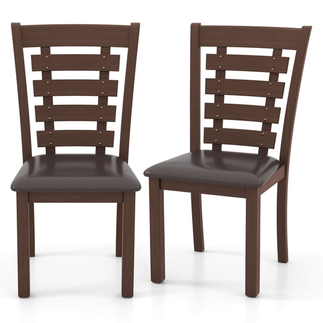 Costway Wooden Dining Chairs Set of 2 with Upholstered Seat & Rubber High Back Brown
