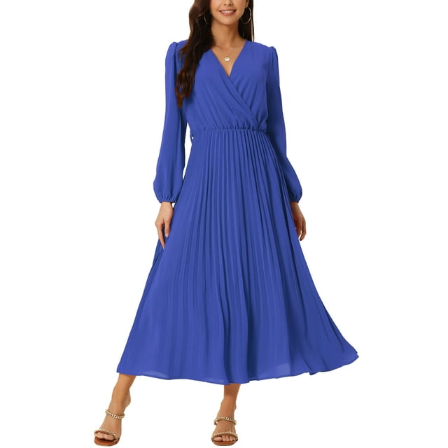 INSPIRE CHIC Robe Plissée pour Femme Manches Longues Bouffantes Col en V Robe avec Ceinture à la Taille G Bleu Royal