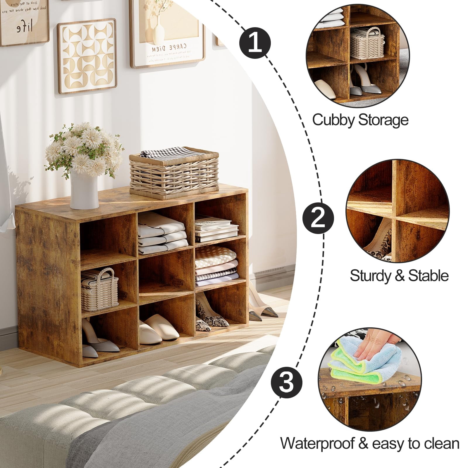 Shoe Storage Bench, Cubby Shoe Rack with 9 Cubbies, 3-Tier Wood Shoe Rack Organizer, Shoe Organizer Cabinet for Entryway, Hallway, Closet and Garage, Brown