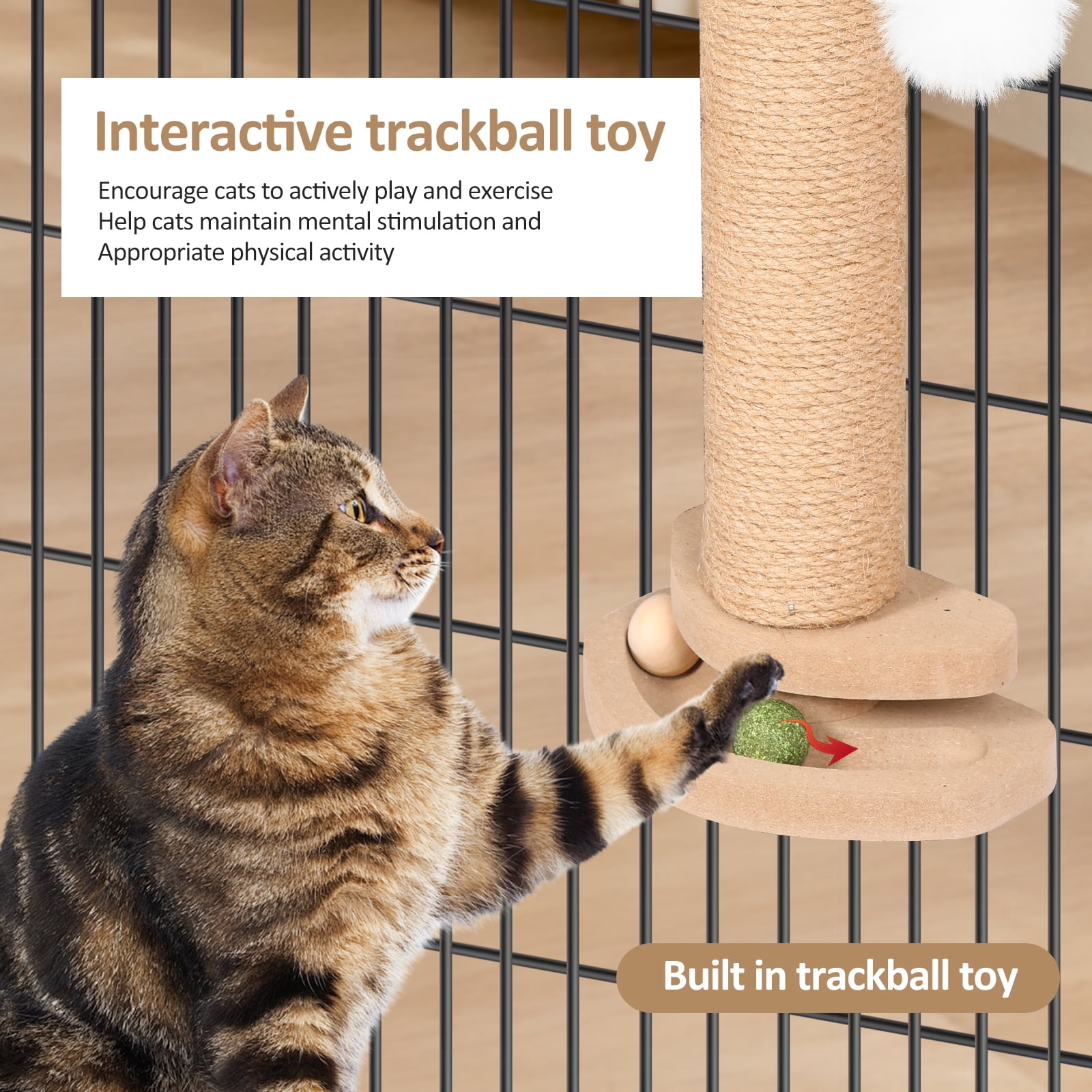 Threns Cat Scratching Post,Kitten Scratching Post with Track Ball Toy for Indoor Cage Cage,Mounted with Self Groomer and Massager Kennel Playpen Accessories