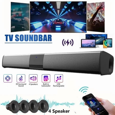 Separable All-in-One Home Theater Sound Bar, Surround Sound System TV Soundbar with 4pcs 5W Magnetic Speakers and 1pc Echo Tube, Supports Wireless, AUX Connection for PC/Gaming/Projectors, TWS, Black