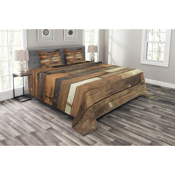 Wooden Bedspread Set Queen Size Rustic Floor Planks Print Grungy Look Farm House Country Style Walnut Wooden Bedspread Set Queen Size Rustic, Farmhouse Style King Size Bedding Sets