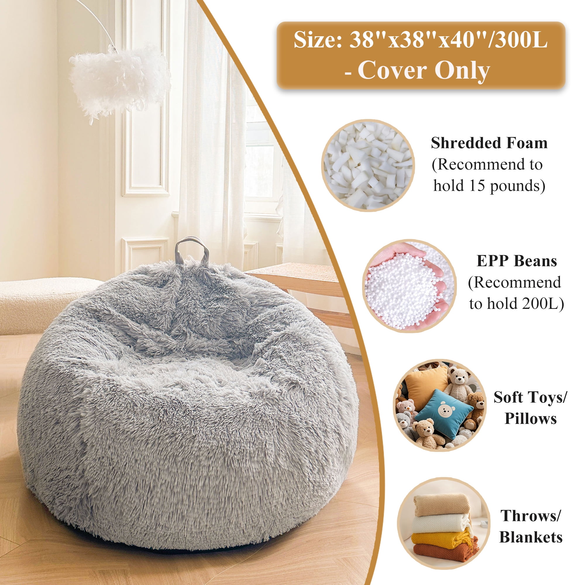 XeGe Fluffy Stuffed Animal Storage Bean Bag Cover(No Filler), Faux Fur Washable Ultra Soft Bean Bag Cover for Plush Toys or Textile,Plush Shaggy Large Beanbag for Adults Kids Teens, Light Grey