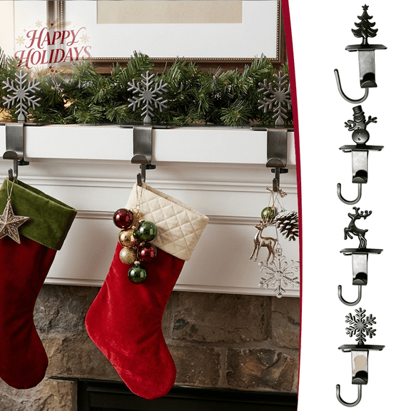 Christmas Mantel Hanging Hook, Metal Decorative Holder for Holiday Stocking and Wreath, Xmas Mantel Decor, Holiday Decoration for Fireplace Shelf, Home Indoor Winter Seasonal Display