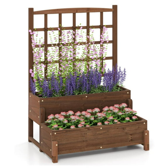 Spaco Raised Garden Bed with Trellis 2-tier Wood Planter Box with Drainage Holes, Planters for Outdoor Plants, Raised Beds for Gardening-Rustic Brown