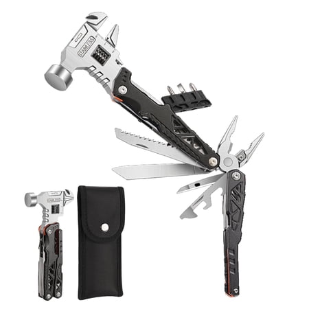 18-in-1 Multitool Hammer with Adjustable Wrench Stainless Steel Multi Tool Pliers All-in-One Survival Camping Tool Gift with Pocket Knife Hammer Saw Screwdrivers Bottle Opener Carrying Pouch