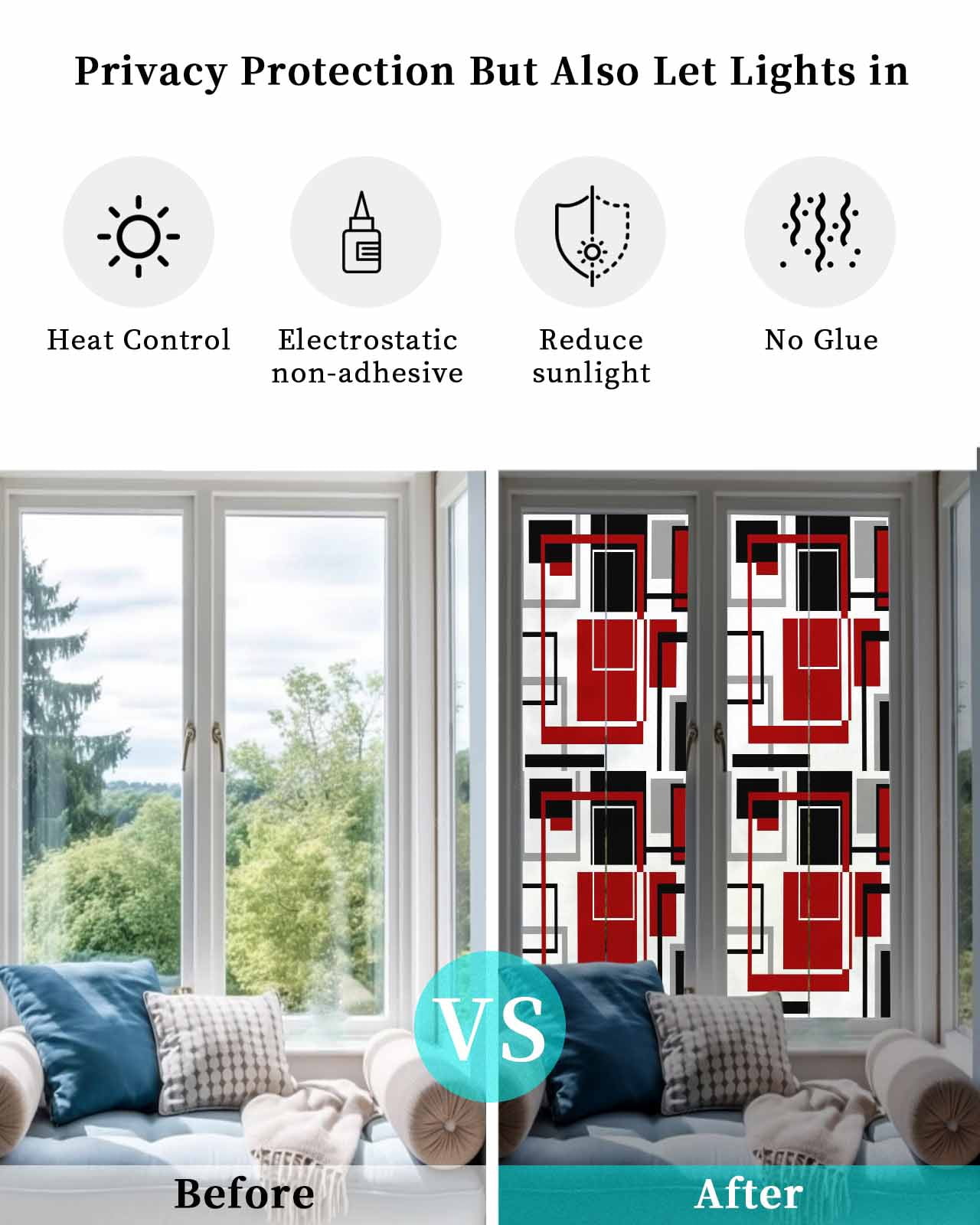 Window Privacy Film Red Black Geometric Stained Glass Window Film Decorative Sun Block Window Cover Contemporary Gray Abstract Stripes Window Clings Static Adhesive Sticker for Bathroom 17.7"x78.7"