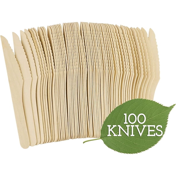 Zhuge Cuchillos de madera desechables - 100 piezas - 6" de largo Juego de cubiertos de madera biodegradables y compostables ecológicos Utensilios de madera